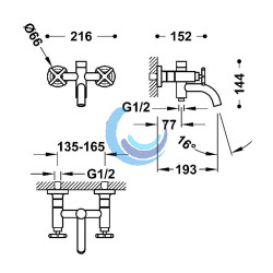 Grifo bimando mural para bañera y ducha con volantes cruz (Medidas)