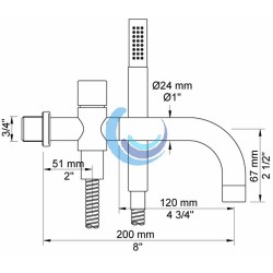 Caño para bañera de 200 mm con inversor para ducha de mano.