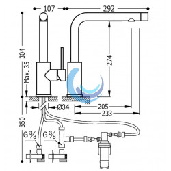 Grifo monomando doble para agua de red y filtrada para cocina TRES (Medidas)