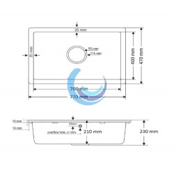 Fregadero un seno 70 Solid Surface (Medidas)